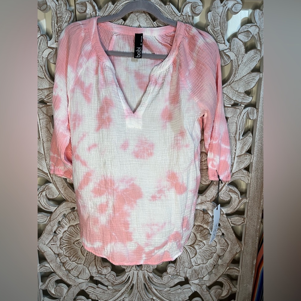 NWT Bobi Pink Boho Tie Dye Gauze 3/4 Sleeve 100% Cotton Tunic Top Sz S